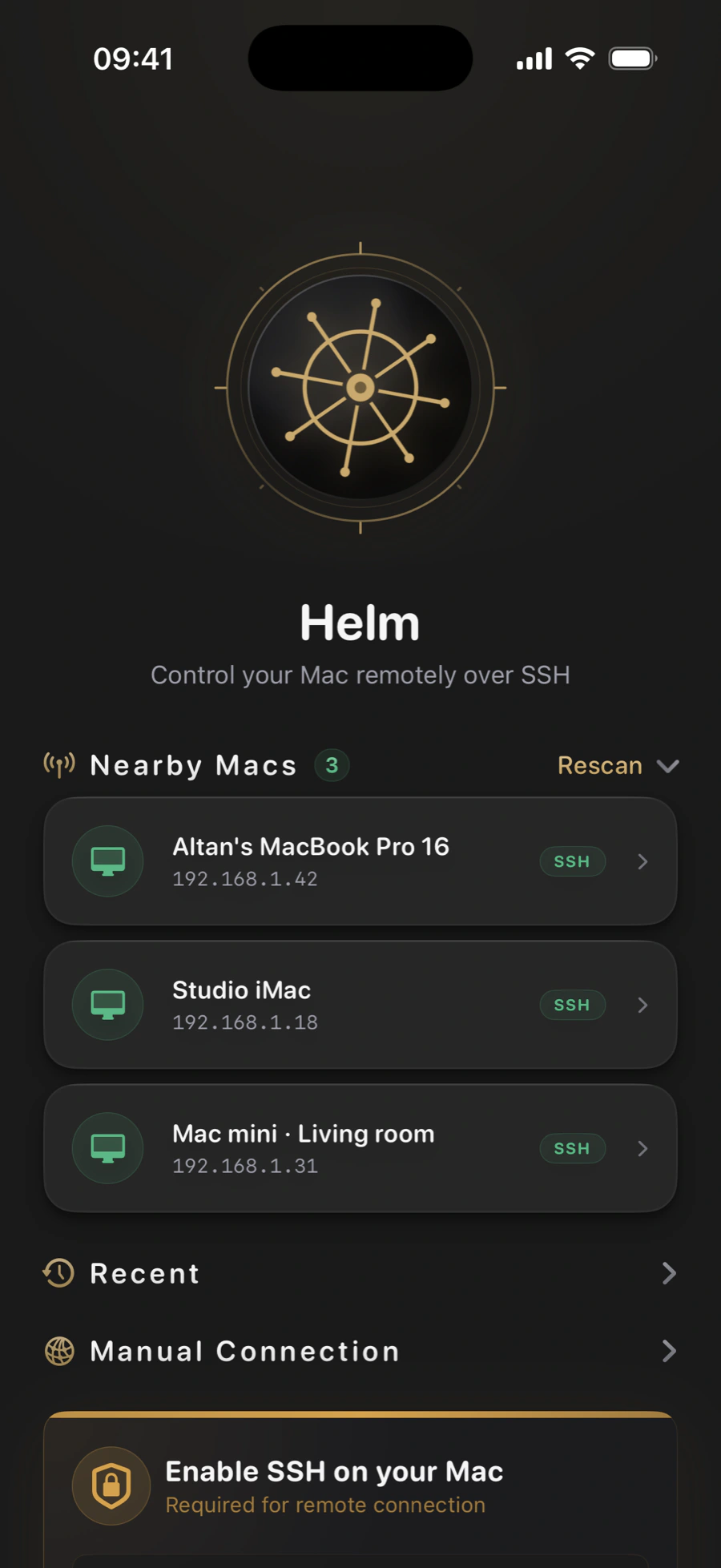 The Connect screen: Macs found on the local network over Bonjour, each one a tap away from an SSH session.