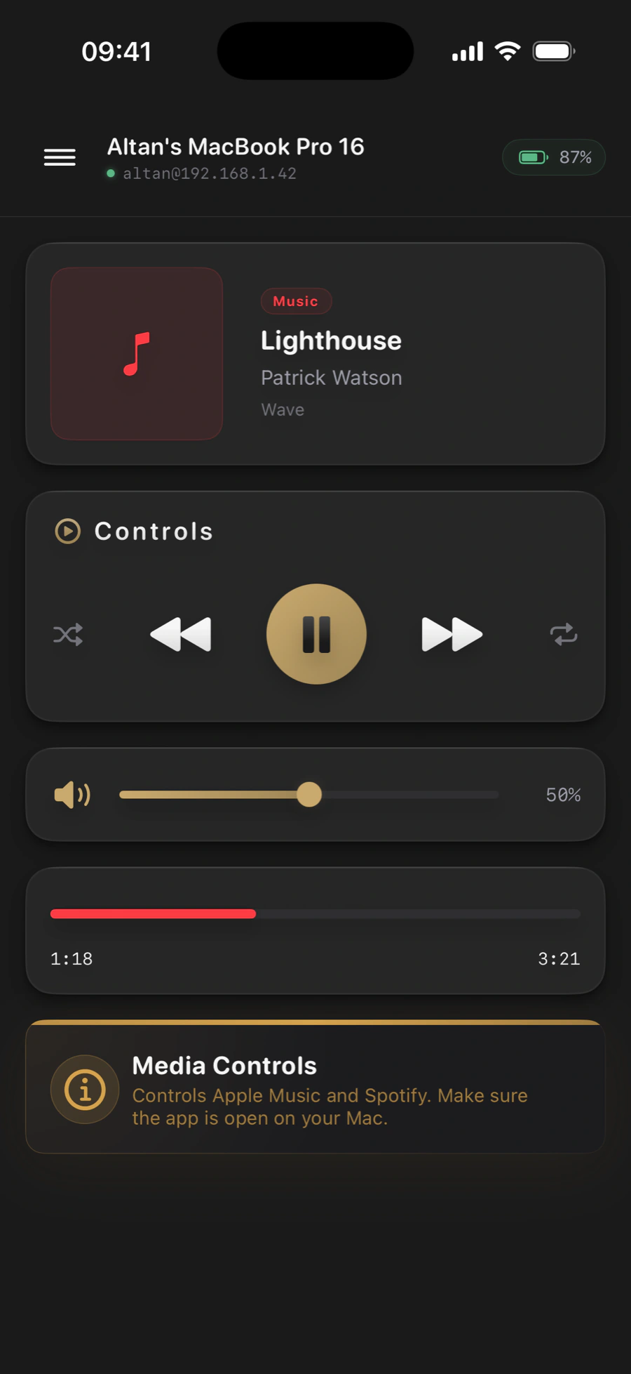 The Media screen: now playing on the Mac, with transport controls, volume and the track's progress.