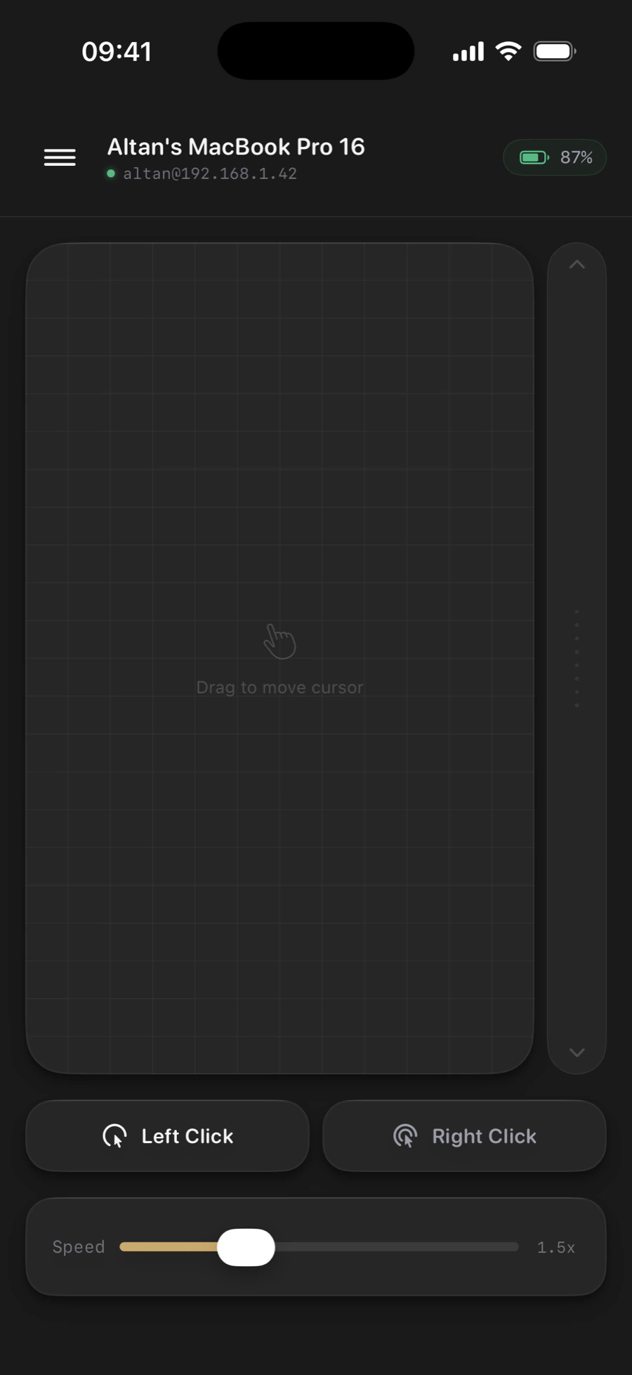 The Trackpad screen: a full-height glass surface with a scroll strip, left and right click, and a speed dial.