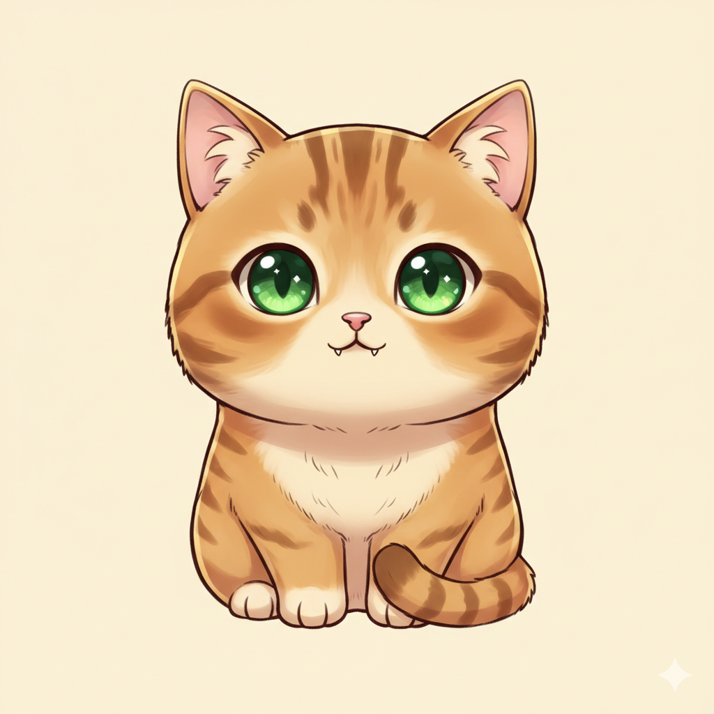 Illustrated mini character of a tabby house cat sitting upright.
