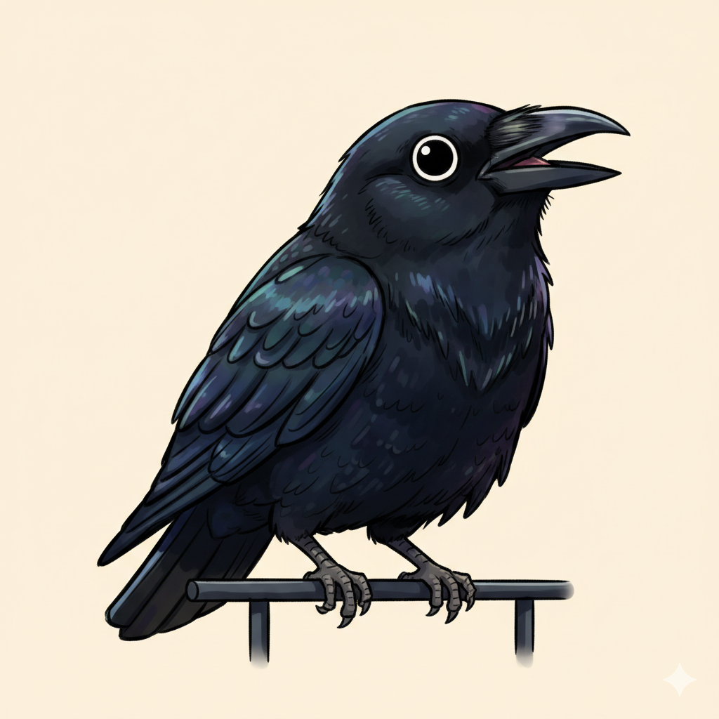 Illustrated mini character of a city crow perched on a dark iron railing.