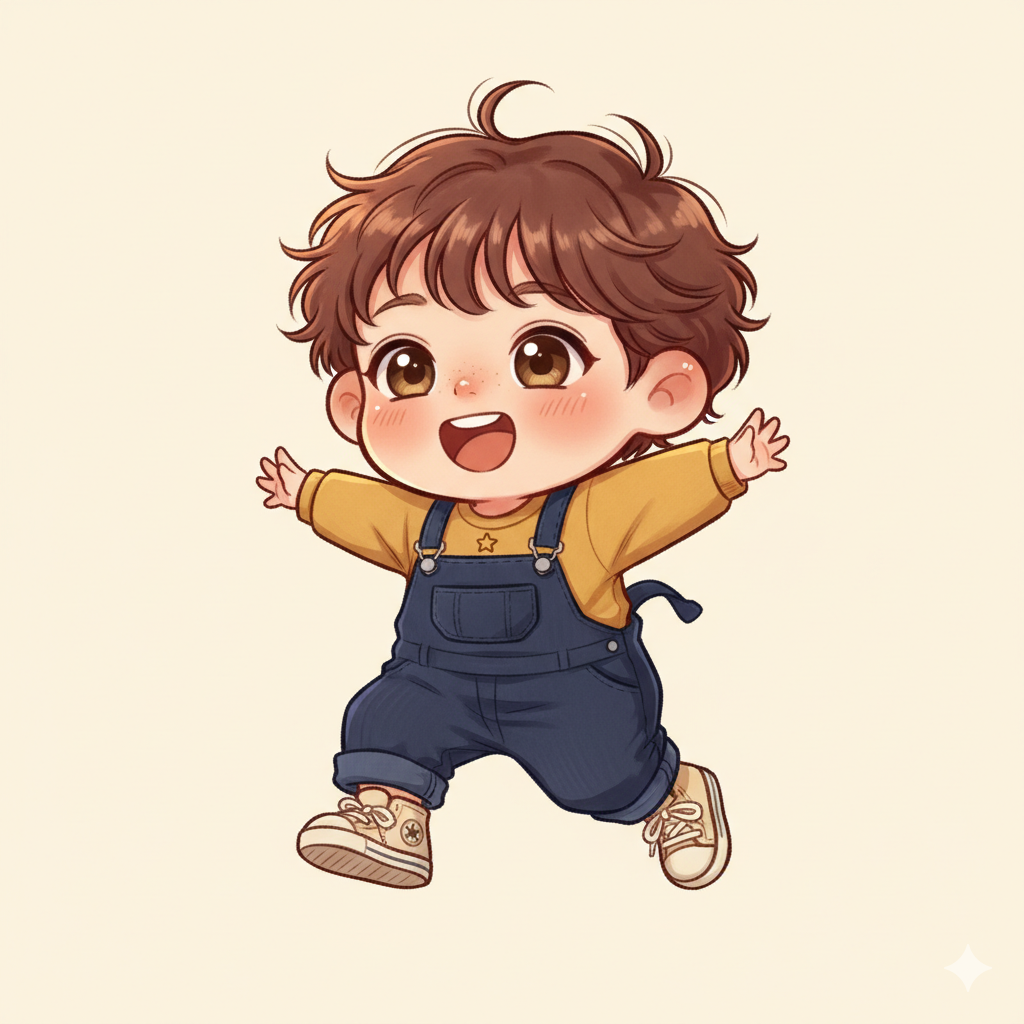 Illustrated mini character of a cheerful child mid-jump.
