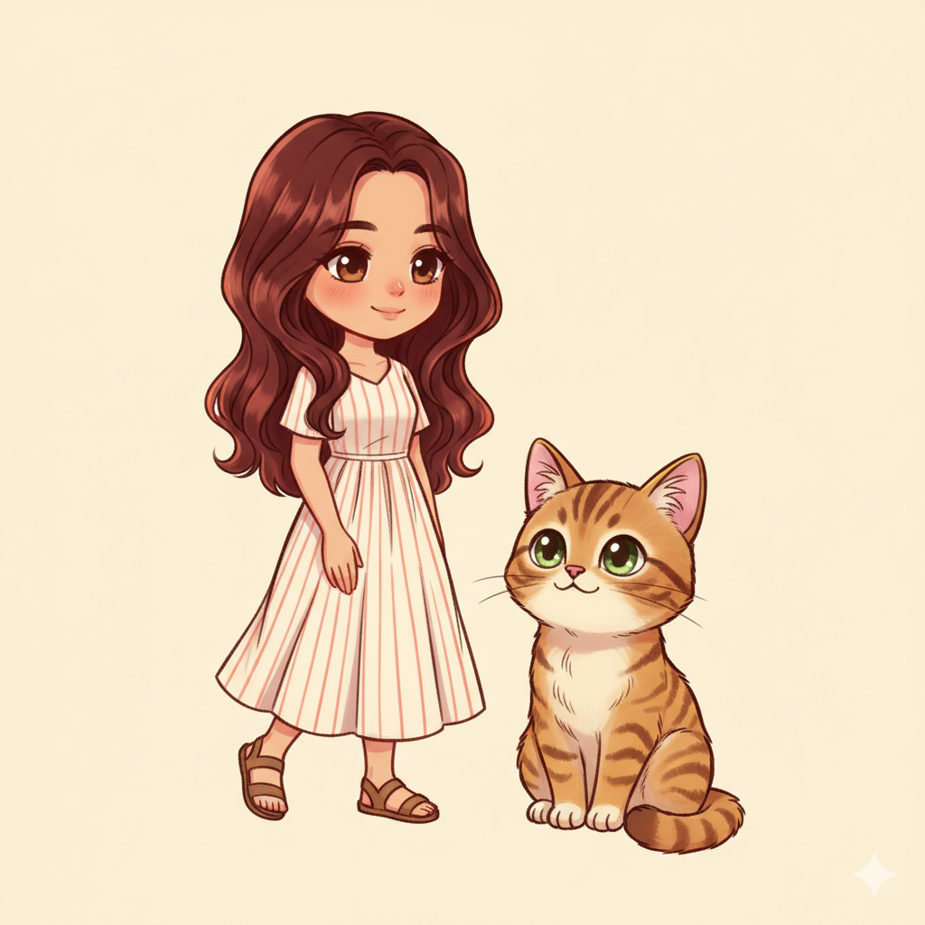 Illustrated scene of a woman and a tabby cat composed together.