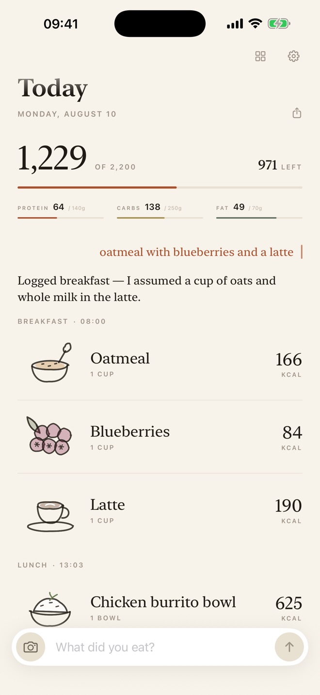 Peckish showing a logged breakfast: oatmeal, blueberries and a latte.